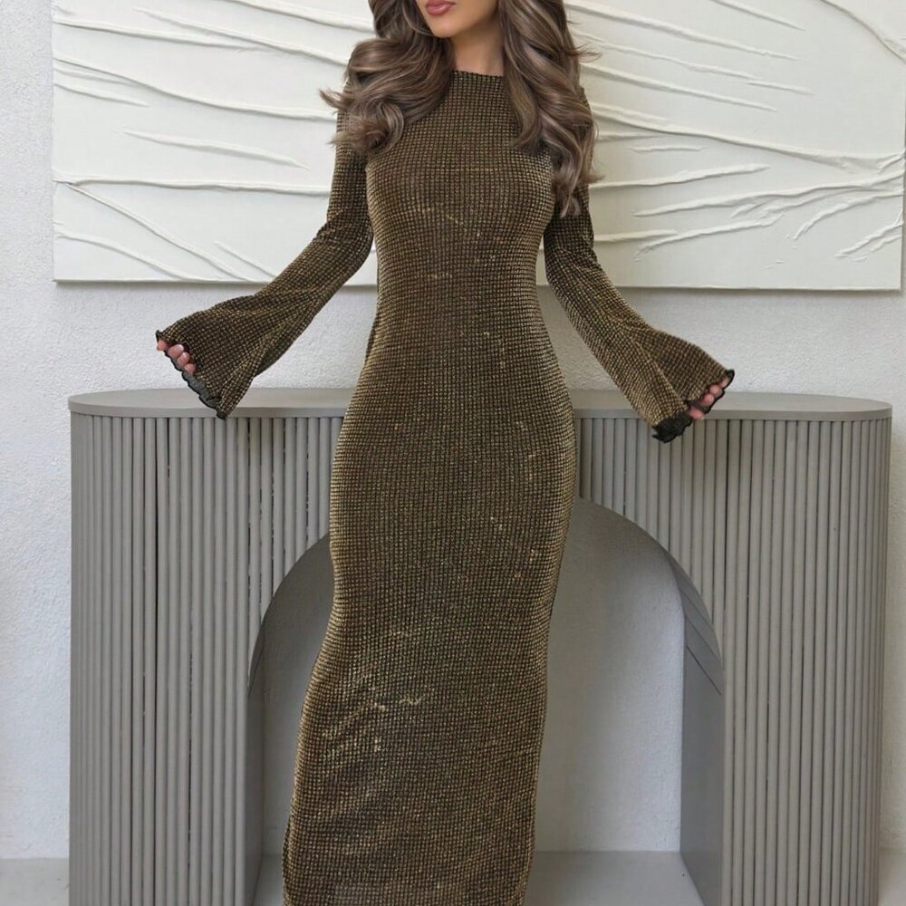 Gold Party Women's Silk Backless Shimmering Long Sleeve Dress - Picture 6 of 6